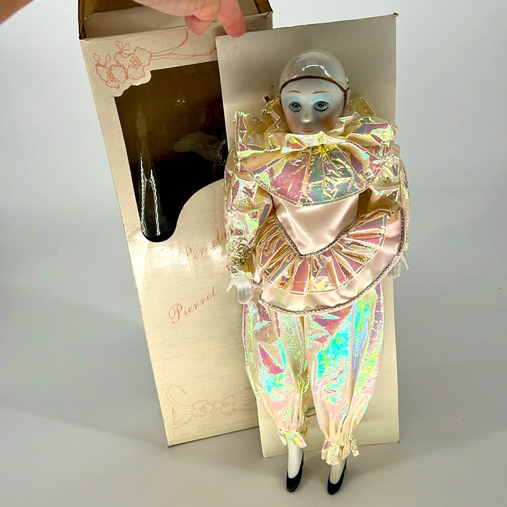 PIERROT Jester Vintage Brand New in Box Porcelain Doll French Mime Clown 15”